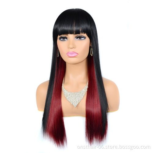 Black Mix Red Wigs Cosplay Long Bone Straight Hair Ombre Synthetic Wig With Bangs for Black Women Afro Heat Resistant Fibre